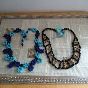 Crochet Bead Necklaces Blue & Brown Handmade In Morocco